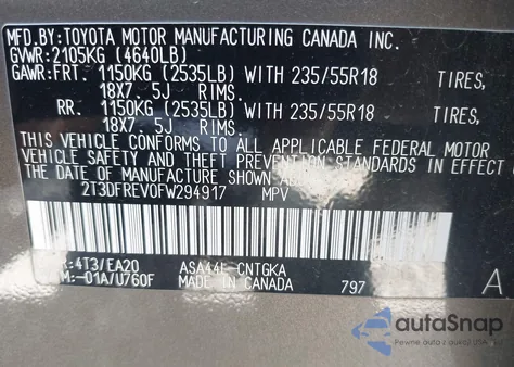 2015 Toyota Rav4 Limited from USA, damaged, VIN 2T3DFREV0FW294917